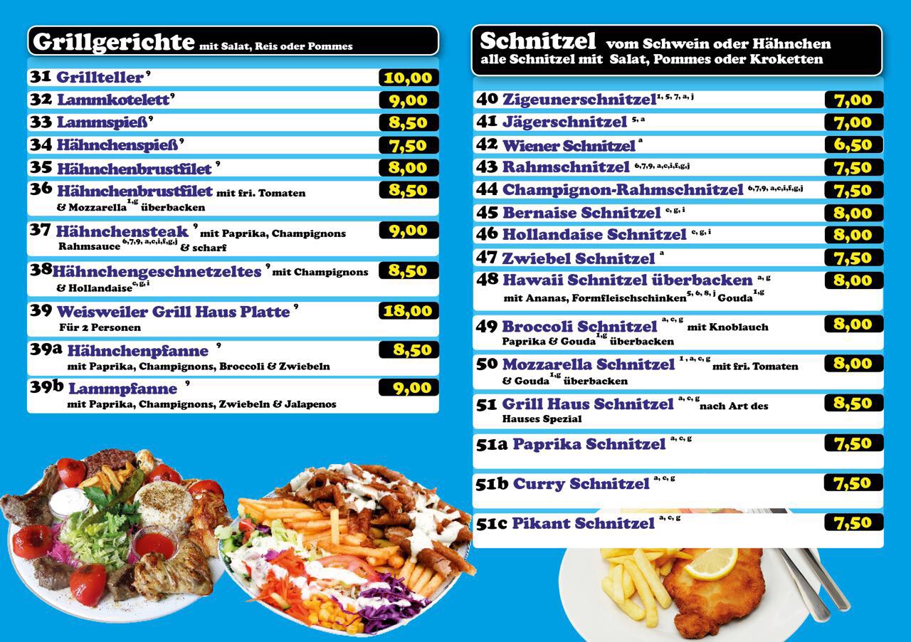 GrillHaus Eschweiler Weisweiler Speisekarte